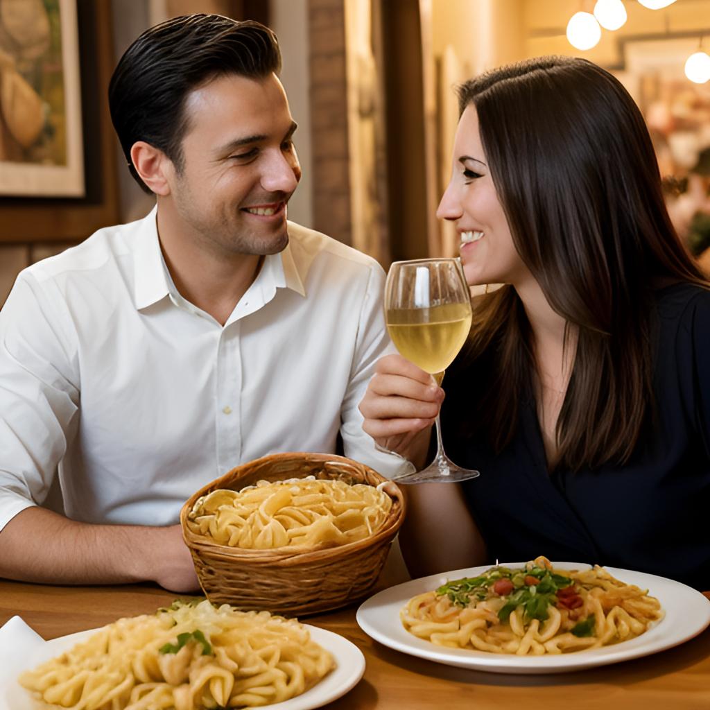 A couple savors a warm, romantic dinner at Palermo Risitorante Italiano in Elk Grove, California, surrounded by dim lighting, soft music, Italian decor, and a table laden with pasta, bread, and wine.