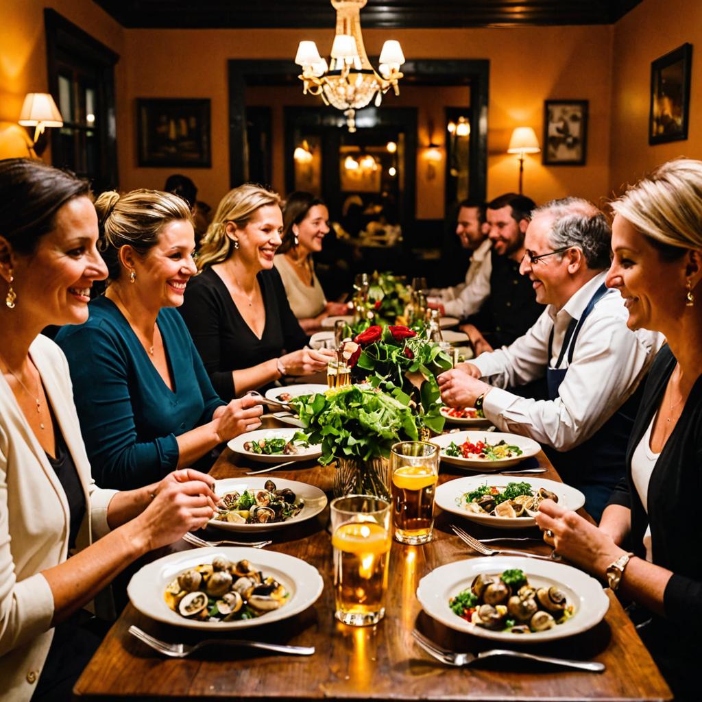 At Boochon in Augusta, friends and family savor sophisticated French cuisine, including Escargots de Bourgognes and Coq Au Vin, surrounded by a warm, inviting ambiance with locally sourced ingredients.