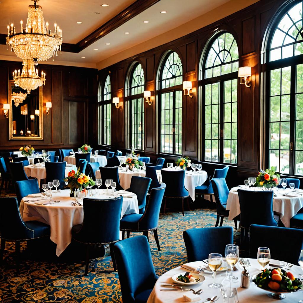 A professional gathering at Ruth's Chris Steak House or Bluewater Kitchen in Hampton Virginia is captured in an elegant image; business associates sit at a well-lit table with fine china, crisp linens, and low murmurs of conversation accompanied by the clinking of utensils against plates and soft background music. A waiter glides through the room bearing appetizers as the scene reflects the refined ambiance.