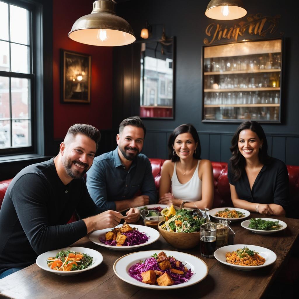 At The Old House pub in Hull's vibrant culinary scene, friends delight over a cozy meal featuring the popular local dish, Spicy Sweet and Sour Tofu with Red Cabbage Slaw (460 kcal/100g), among the city's abundant dining options.