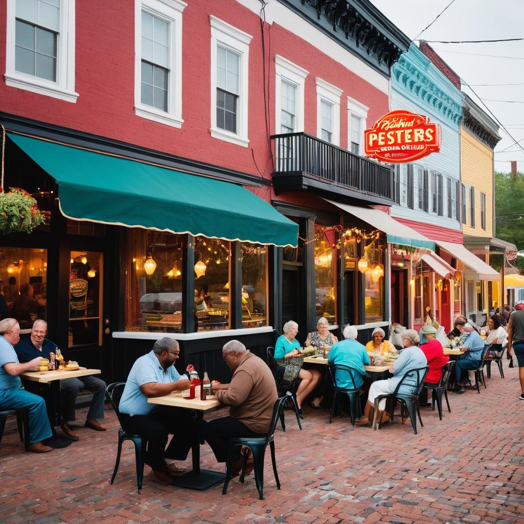 This image depicts Petersburg's vibrant food culture with bustling streets filled with lit-up restaurants, people planning visits, friends savoring meals, and a lively atmosphere celebrating quality and diversity.