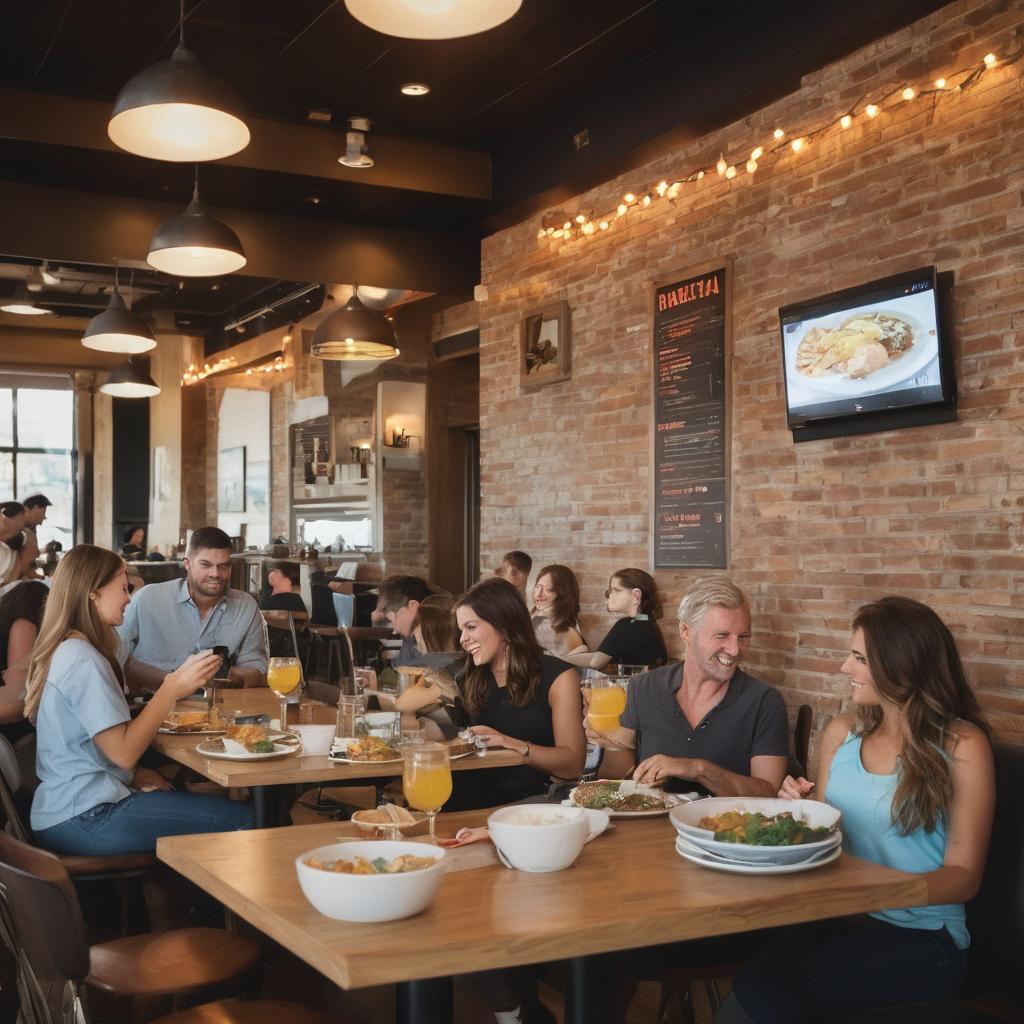 In this vibrant Frisco restaurant, happy diners engage over meals while a waiter delivers a plate of baked eggs and hash, with nutritional info highlighted; children play, patrons use smartphones to book tables, and the warm atmosphere promotes healthy dining at Chiili's Grill & Bar or Firehouse Subs.