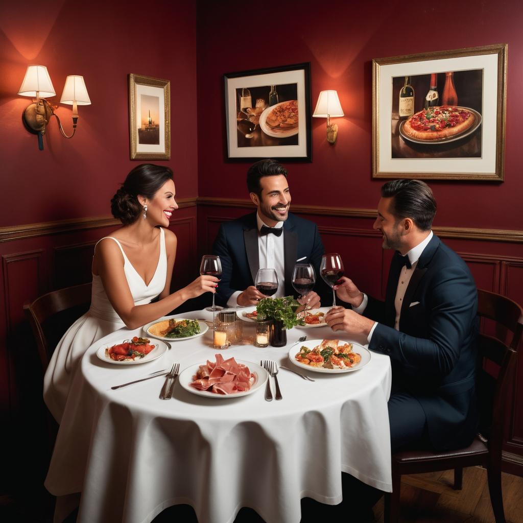 An elegant couple enjoy a romantic dinner at Fiume Italian Bar & Restaurant in Wolverhampton, surrounded by dim lighting, Italian decor, and appetizers, with glasses of red wine raised in toast, while soft Italian music plays.