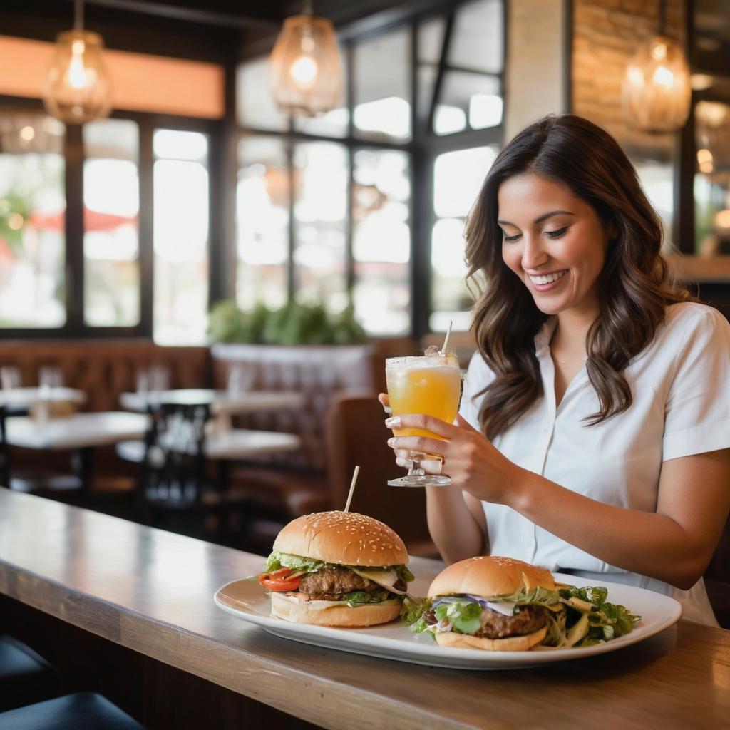 At Poblanos On Main in San Antonio, Jessica Long savors her crispy cod sandwich amidst a vibrant atmosphere with children's playroom and dance room; this top dining choice boasts exceptional food quality, diverse menu catering to dietary needs, nutritional info, and alcoholic beverages.