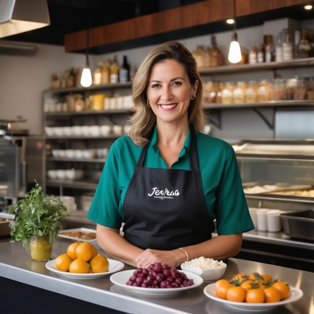 In the photograph, Teresa Mishavic, dressed casually yet professionally with a radiant smile, proudly displays fresh ingredients at The O.A.K. - Original Australian Kitchen in Darwin City, showcasing its modern earthy decor, innovative Australian menu inspired by family legacy, and inviting guests to savor traditional flavors with contemporary twists.