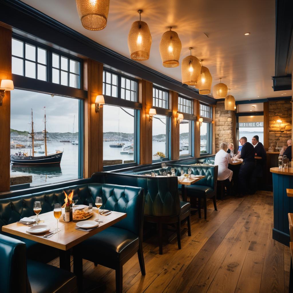 At this renowned seafood eatery in Plymouth, UK, patrons relish their freshly cooked meals amidst a bustling atmosphere; families delight in fish & chips, parents sip local brews, chefs expertly grill lobster, and the nautical decor, harbor views, diverse menu, and dedicated staff create an unforgettable dining experience rooted in Plymouth's maritime heritage.