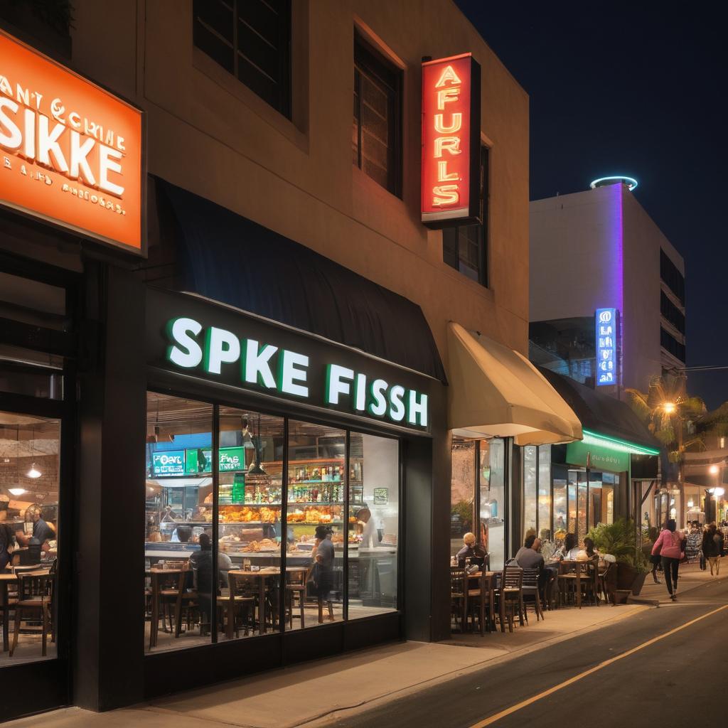 At night on San Diego's bustling city street, a large sign for Spike Africa's Fresh Fish Grill & Bar glows with 